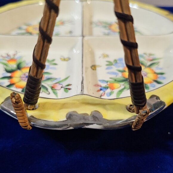 Vintage Ceramic Divided Serving Dish With Floral Design & Wicker Handle - Picture 7 of 16